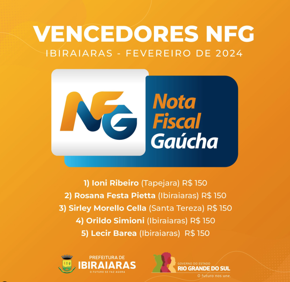 NFG Ganhadores do Nota Fiscal Gaucha Ibiraiaras fevereiro 2024
