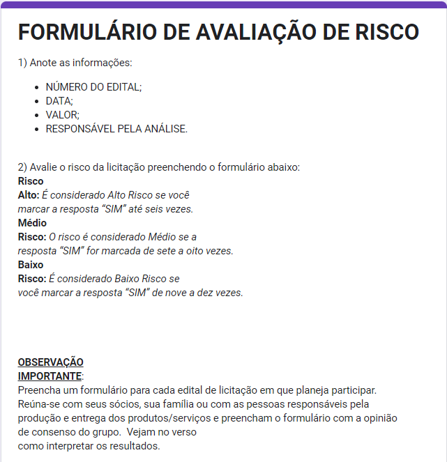 Imagem do formulario da Avaliacao de Risco